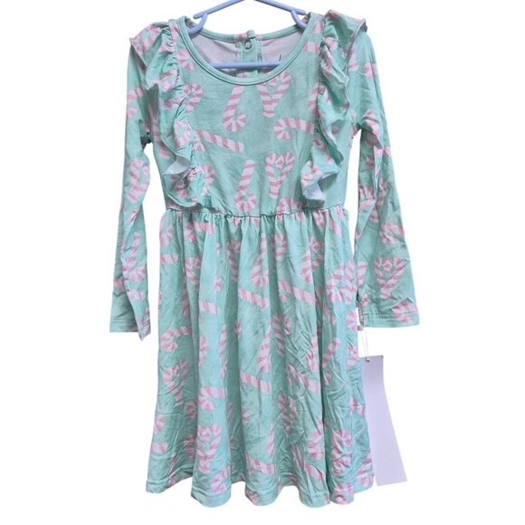 Girls Laree + Co. Green Dress With Pink Candy Cane Print & Ruffles - Picture 1 of 3